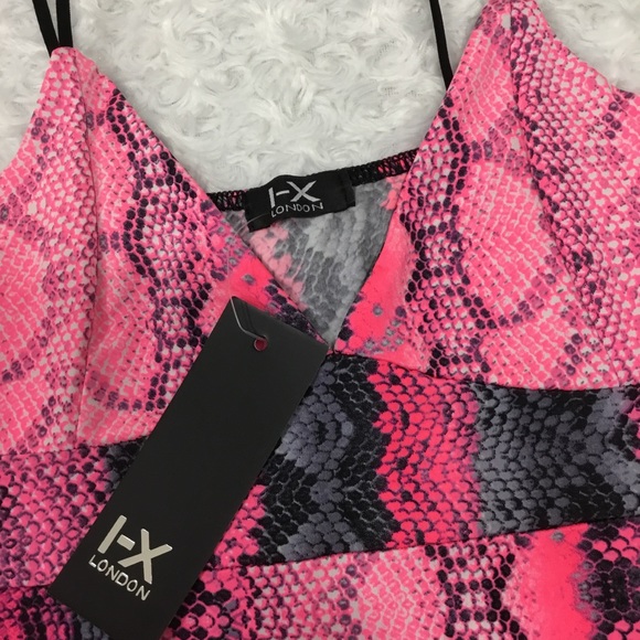 I-X London Snake Print Strappy Plunge Bodycon Nighty Slip Dress Pink - Picture 14 of 15